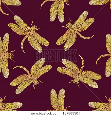 Seamless vector pattern with golden shiny dragonfly on a dark red background. Elegant decoration. Can be used for wallpaper, pattern fills, web page background, surface textures. Vector boho design.