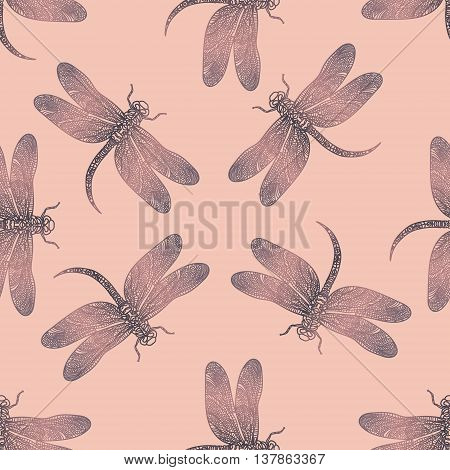 Seamless vector pattern with purple shiny dragonfly on a tender pink background. Elegant decoration. Can be used for wallpaper, pattern fills, web page background, surface textures. Vector boho design.