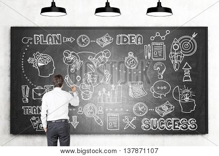 Success concept with businessman drawing business sketch on chalkboard hanging on concrete wall with lamps above