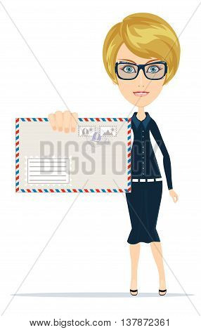 Young business woman holding a envelope letter in her hand. Stock vector illustration