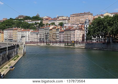 LYON, FRANCE - MAY 24, 2015: This is view of the hill of the Croix-Rousse in Lyon from the Saone River.