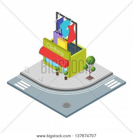 Isometric 3d vector illustration of clothing store. A small fashionable shop that sells clothes. City landscape.