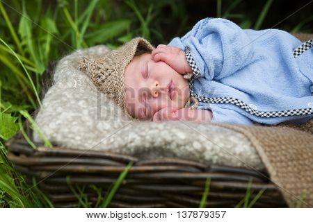 newborn baby in basket sleeping in the garden