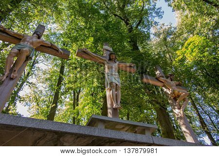 Crosses Jesus and the two thieves on Calvary. International Shrine of St. Anne Mount St. Anna Poland