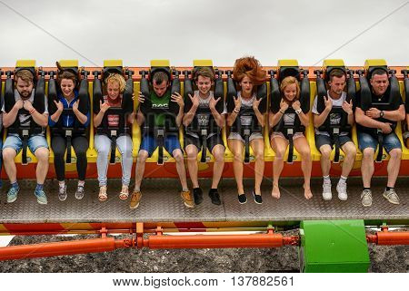 ZATOR,POLAND - JULY 9, 2016: People having fun on extremal high park attraction,