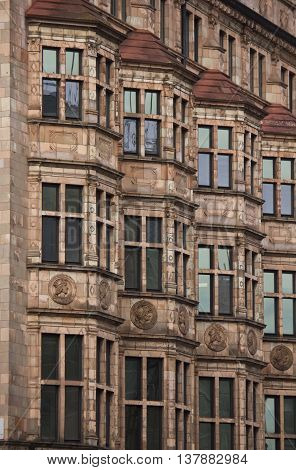 LONDON, UNITED KINGDOM - SEPTEMBER 11 2015: Architectural close up of a Victorian building in central London at the corner between Albemarle and Piccadilly streets