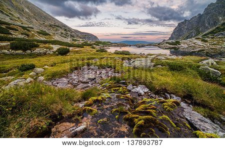 Mountain Landscape with a Tarn in the Evening. Mlynicka Valley High Tatra Slovakia.