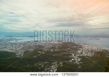 Wide view from above of Rio de Janeiro, Brasil, sunset