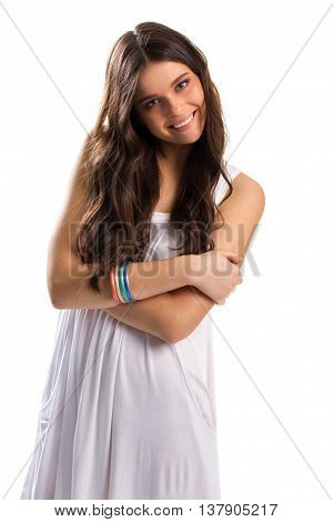 Woman in sundress is smiling. Sarafan and bright bracelets. Smile of joy. When happiness fills you.