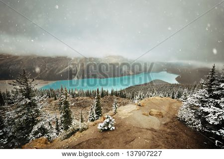 Peyto Lake in winter with snow in Banff National Park, Canada
