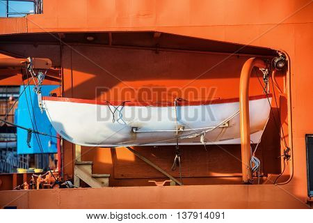 Safety lifeboat on deck of a cruise ship
