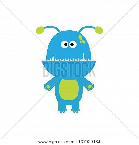 Funny monster with fang tooth and horns. Cute cartoon character. Blue color. Baby collection. Isolated. Happy Halloween card. Flat design. Vector illustration.