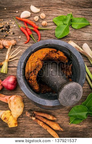 Assortment Of Thai Food Cooking Ingredients And Spice Red Curry Paste Ingredient Of Thai Popular Foo