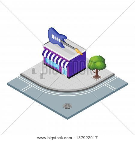 Isometric vector 3d illustration of musical Instruments store. City landscape. Guitar on the roof.