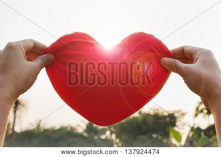 Hand Gently Raise Up Red Heart, Love And Care Concept