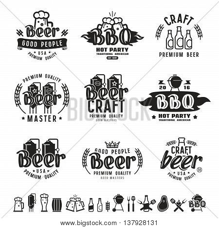 Barbecue and craft beer brewery emblems labels and design elements. Black print on white background
