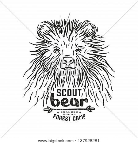 Stock vector linocut with a picture of bear. Graphic design for t-shirt. Black print on white background