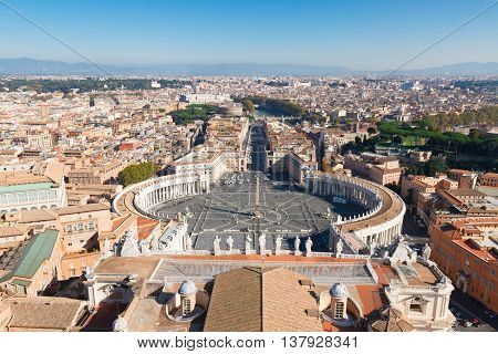 Saint Peter's Square in Vatican and panoranic view of the city frome above, Rome, Italy
