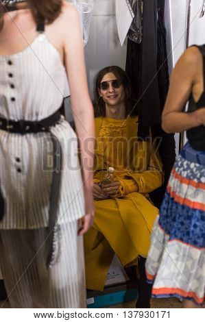 MILAN ITALY - JUNE 19: Beautiful model poses in the backstage just before Damir Doma SS 17 show during Milan Men's Fashion Week on JUNE 19 2016 in Milan.