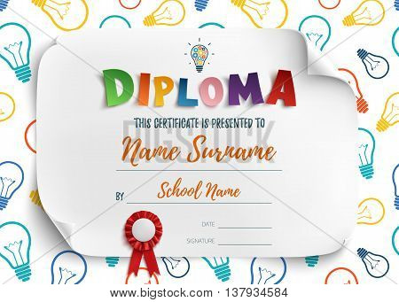 Diploma template for kids school preschool playschool, certificate background. Vector illustration