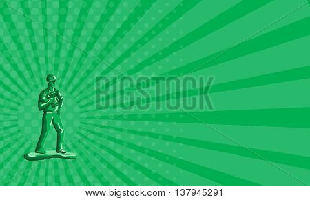 Business card showing illustration of a green plastic toy construction worker standing wearing hard hat holding nailgun and other hand on hips viewed from front set on isolated white background done in retro style.