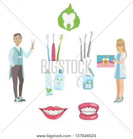 Dentists And Dental Care Simple Design Poster In Cute Fun Cartoon Style Isolated On White Background