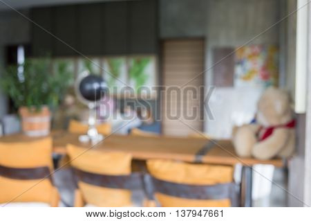 Image Blur Background, Living Room Interior Decoration Cafe Coffee With Wooden Bar And Chair Barstoo