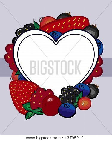 Vector drawn berries label heart. Menu assorted berries recipe text inscription frame.