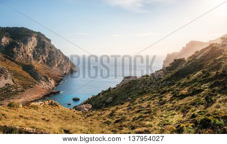 View of one of the most beautiful bays of Cape Formentor with azure water wild beach Mallorca Spain