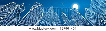 Business building, mega panorama of night city, urban scene, infrastructure illustration, modern architecture, skyscrapers, airplanes flying, vector design art