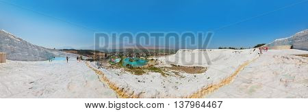 Travertine pools and terraces - Pamukkale Turkey panorama