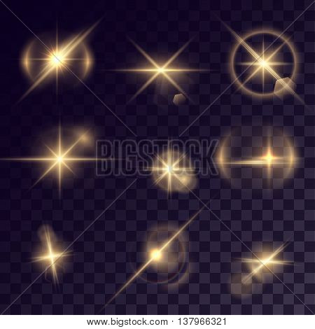 Vector starlights effects. Set of golden sparks on transparent background. Release clipping mask for work.
