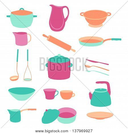Cute colorful kitchen utensil set. Colorful crockery. Flat design. Templates for web. on a white background