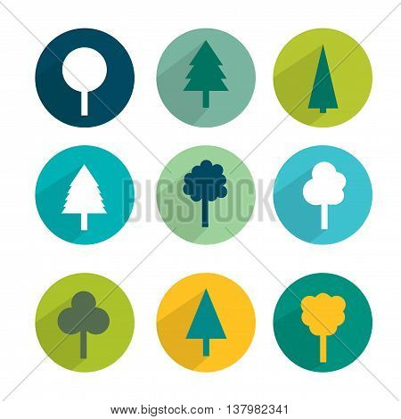 Set of green trees modern circle sign shadows icons.