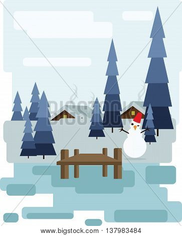 Abstract landscape design with white trees and clouds a house with smoke a happy snowman snowing in a forest in winter flat style. Digital vector image.