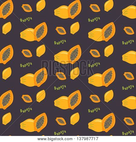 Papaya seamless repeating pattern flat design. Exotic tropical fruit. For printing on fabric or paper. Vector illustration.