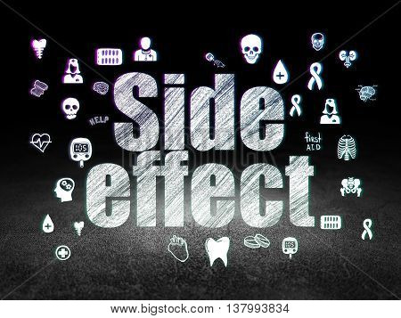 Health concept: Glowing text Side Effect,  Hand Drawn Medicine Icons in grunge dark room with Dirty Floor, black background