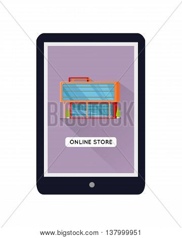 Shopping centre web page template on mobile device. Flat design. Illustration for web design, app icons, online shopping banners. Shop, shopping center, mall, supermarket, business center on screen