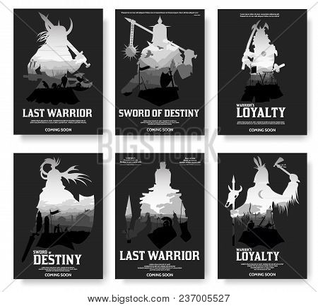 Ancient Warriors Vector Brochure Cards Set. Old Battlefield Template Of Flyear, Magazines, Poster, B