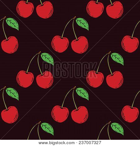 Seamless Pattern Of Сherry, Fruit Pattern. Vector Illustration
