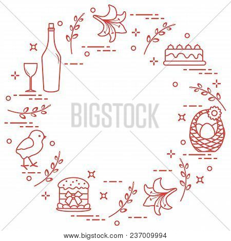 Different Easter Symbols Arranged In A Circle: Simnel Cake, Chick, Lily, Baskets, Eggs And Other. De