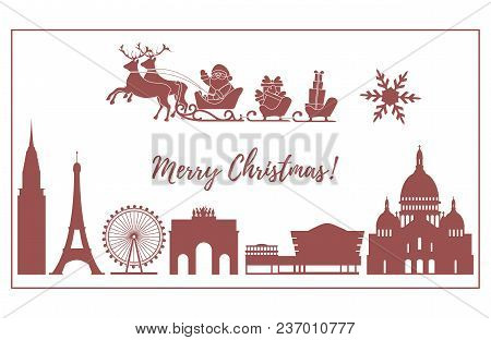 Santa Claus With Christmas Presents In Sleigh With Reindeers Over Famous Buildings And Constructions