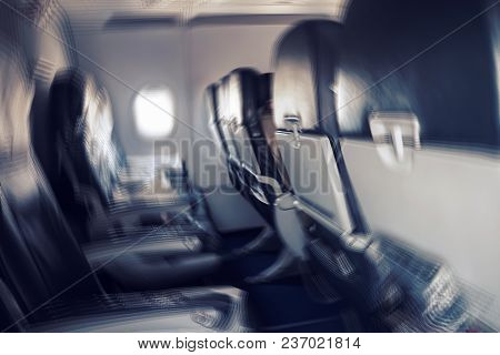 Aerophobias Concept. Blurred Image Of Commercial Plane Moving Fast Downwards. Fear Of Flying. Collap