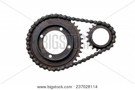 Old Rusty Chain Gear, Small And Large Collars. Isolated On A White Background With Clipping Path.