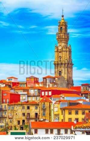 Porto, Portugal Old Town Aerial View With Clerigos Church Tower