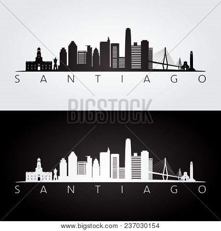 Santiago Skyline And Landmarks Silhouette, Black And White Design, Vector Illustration.