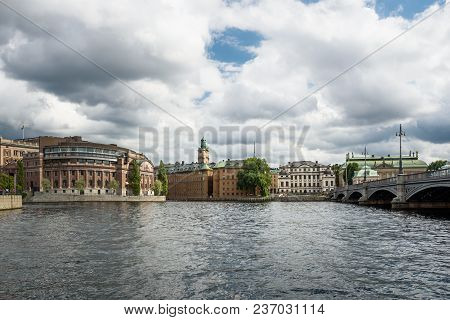 View At Stockholm Old City. Gamlastan In Stockholm, Sweden. Dramatic Clouds In The Sky.