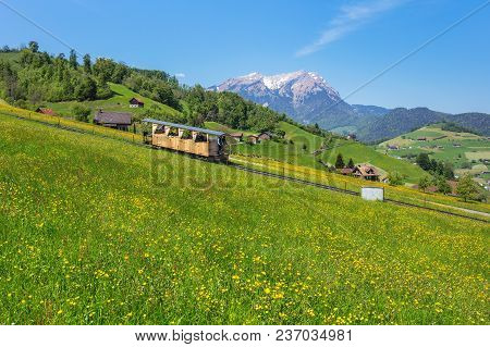 Mt. Stanserhorn, Switzerland - 8 May, 2016: Springtime View From The Foot Of Mt. Stanserhorn, People