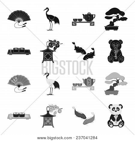 Sushi, Koi Fish, Japanese Lantern, Panda.japan Set Collection Icons In Black, Monochrome Style Vecto