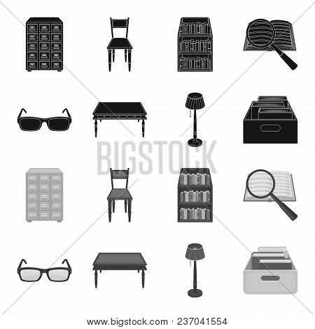 Glasses, A Wooden Table, A Floor Lamp, A Box With Books. A Library And A Bookstore Set Collection Ic